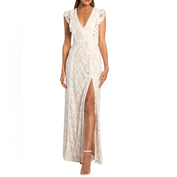 Lulus Dresses & Skirts - Lulus White Floral Lace Maxi Dress Size L V-Neck Flutter Sleeve Front Slit